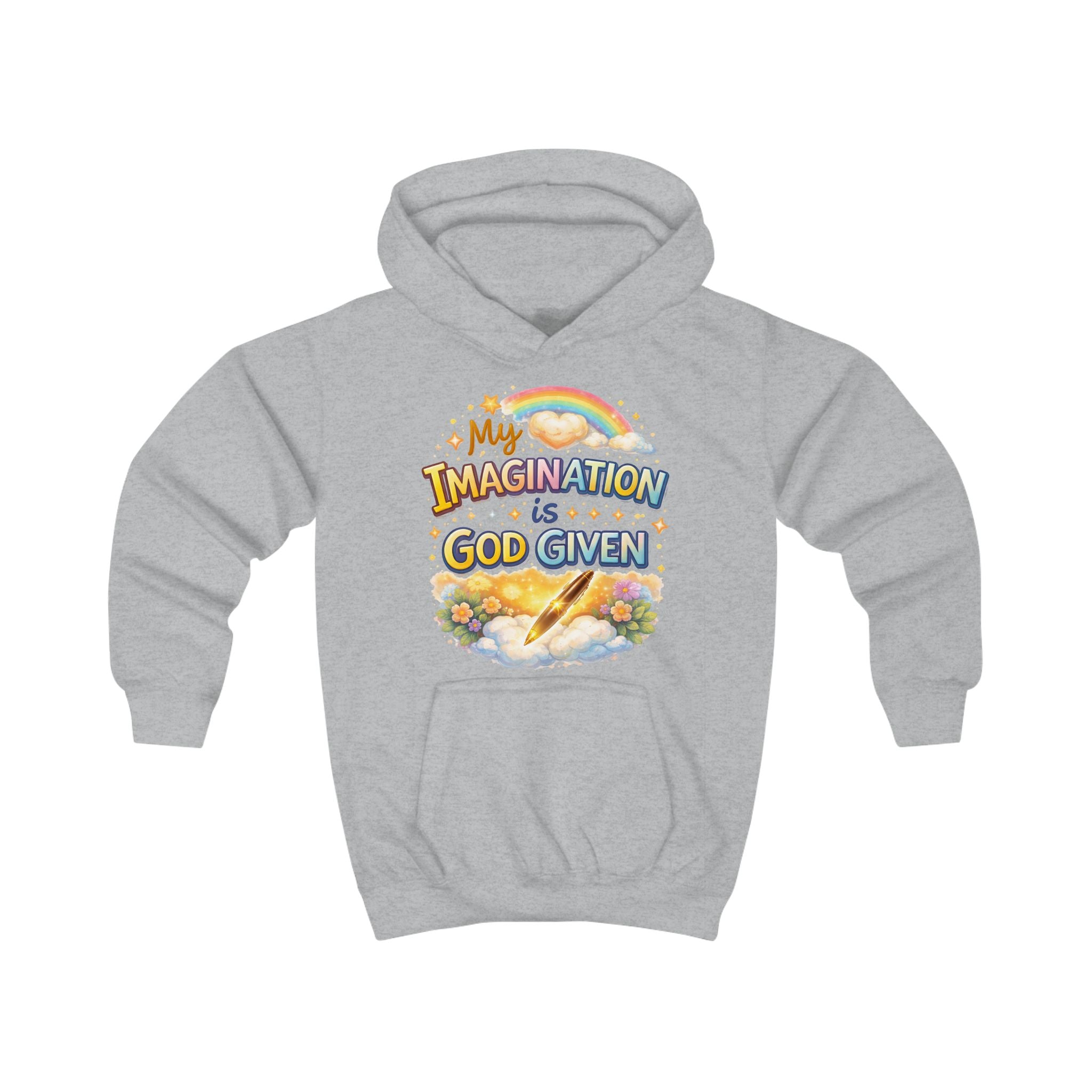 Kids Hoodie — "My Imagination Is God Given" Colorful Christian Rainbow Graphic