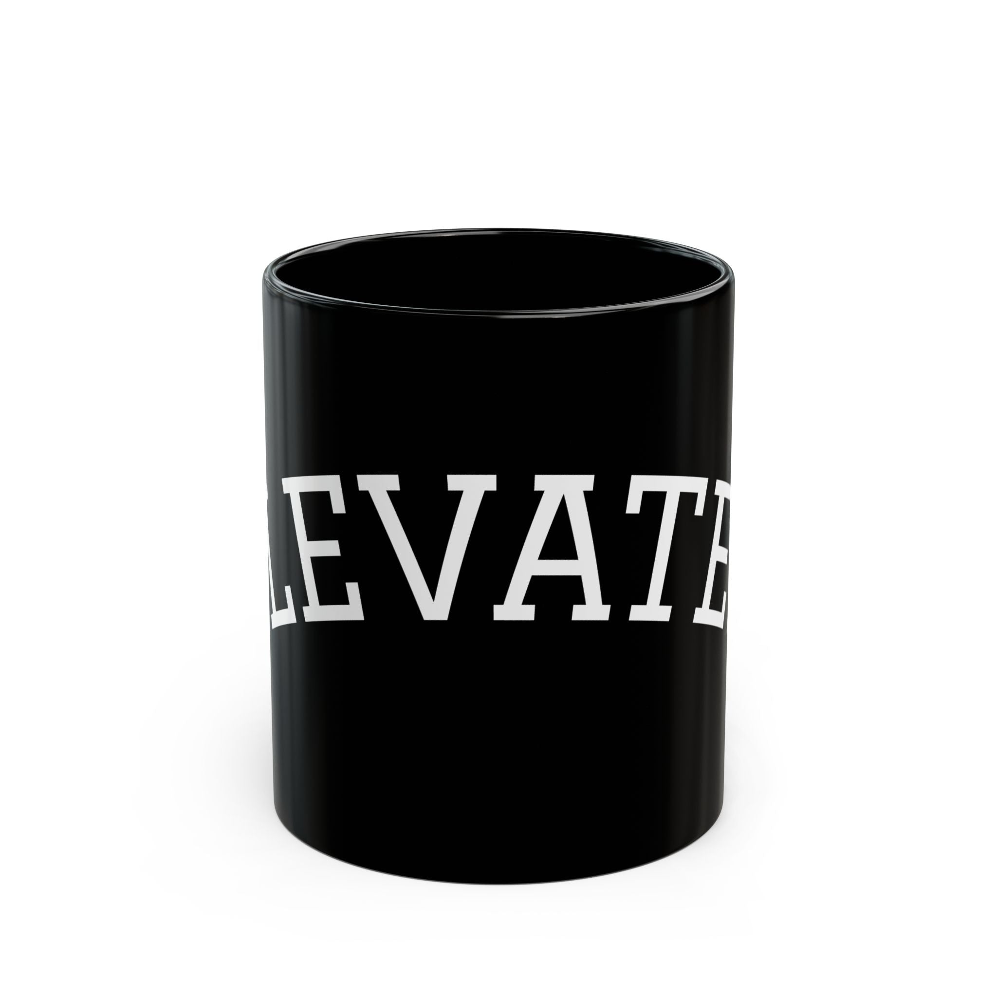 Elevated Black Coffee Mug (11oz & 15oz) — 'ELEVATED' Bold White Text