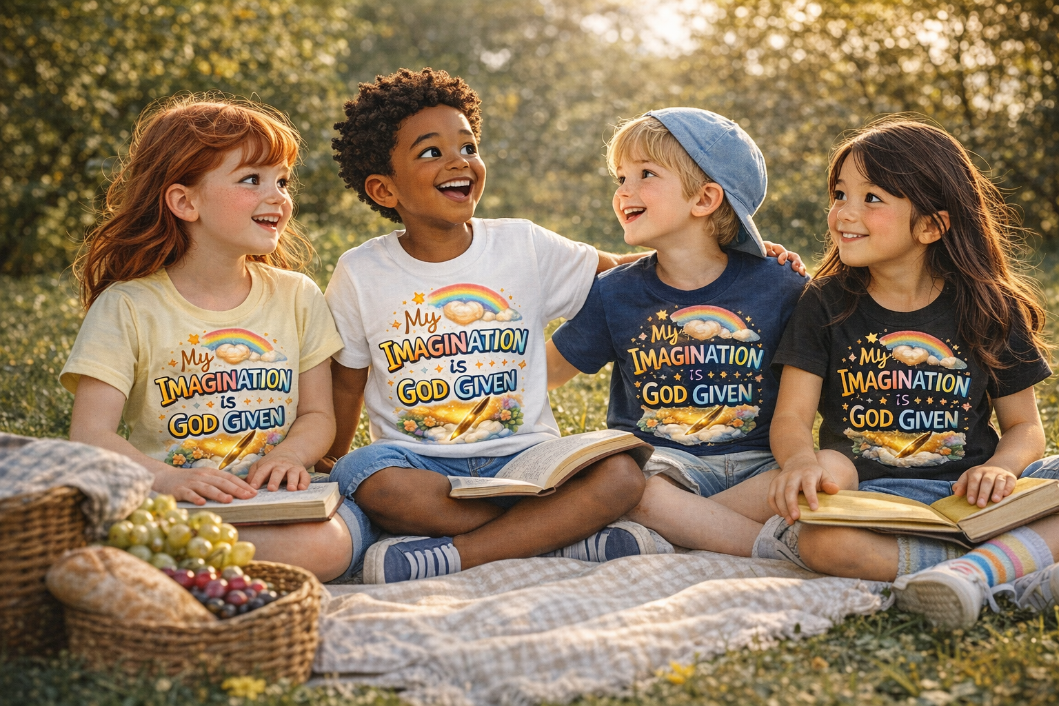 Youth T-Shirt — “My Imagination Is God Given” Cute Rainbow Kids Tee (Christian Inspirational)