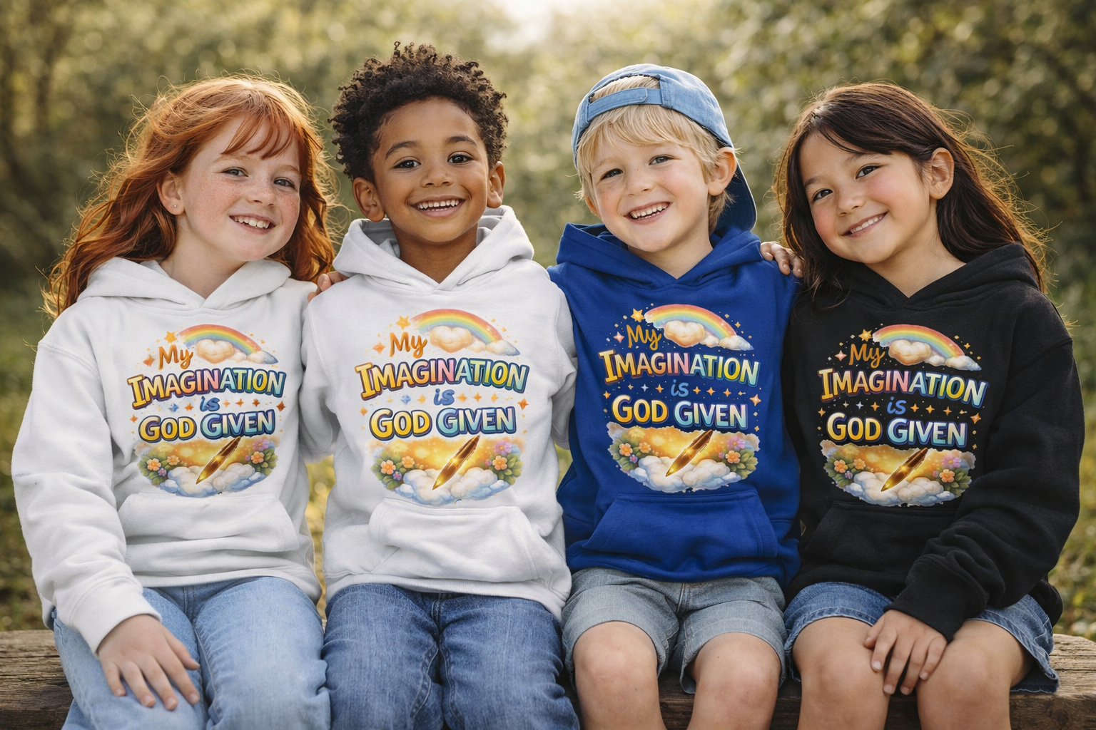 Kids Hoodie — "My Imagination Is God Given" Colorful Christian Rainbow Graphic