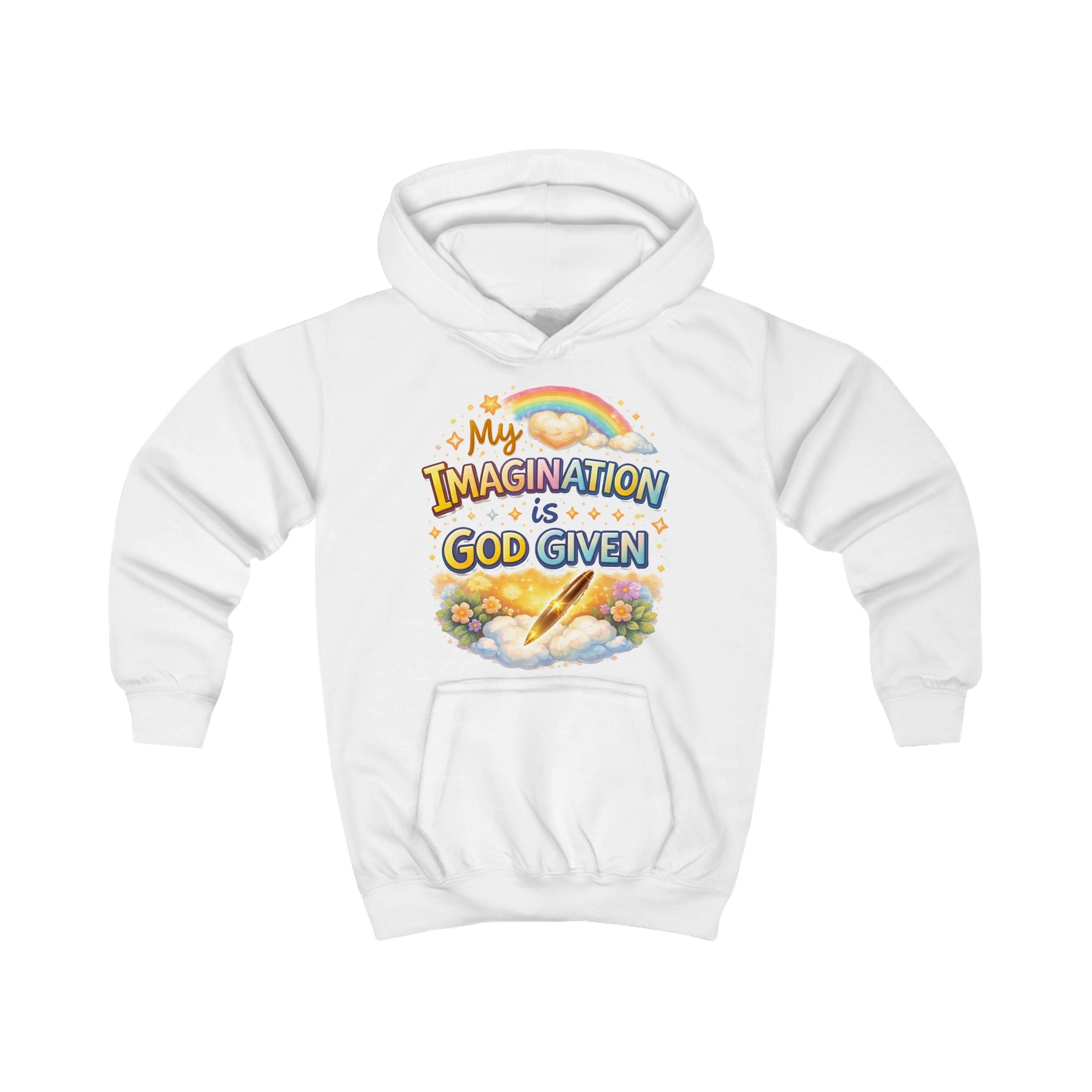 Kids Hoodie — "My Imagination Is God Given" Colorful Christian Rainbow Graphic