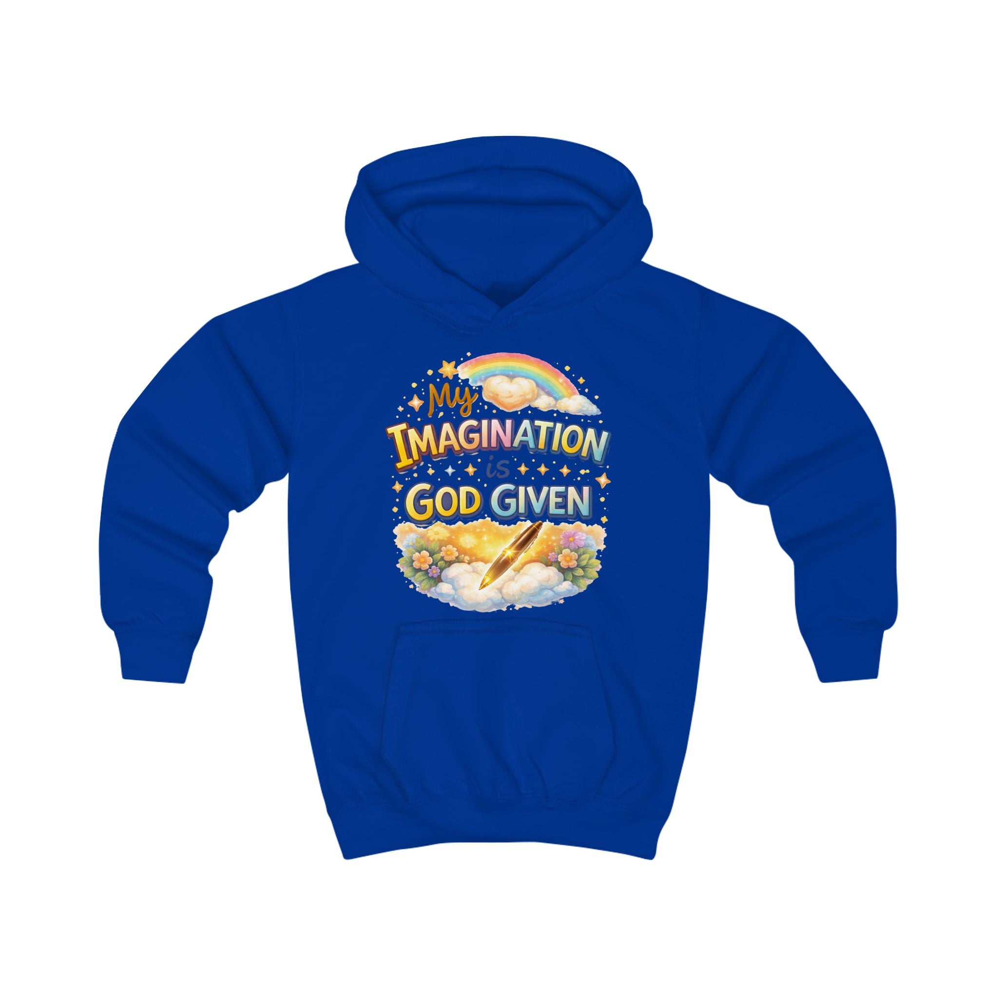 Kids Hoodie — "My Imagination Is God Given" Colorful Christian Rainbow Graphic