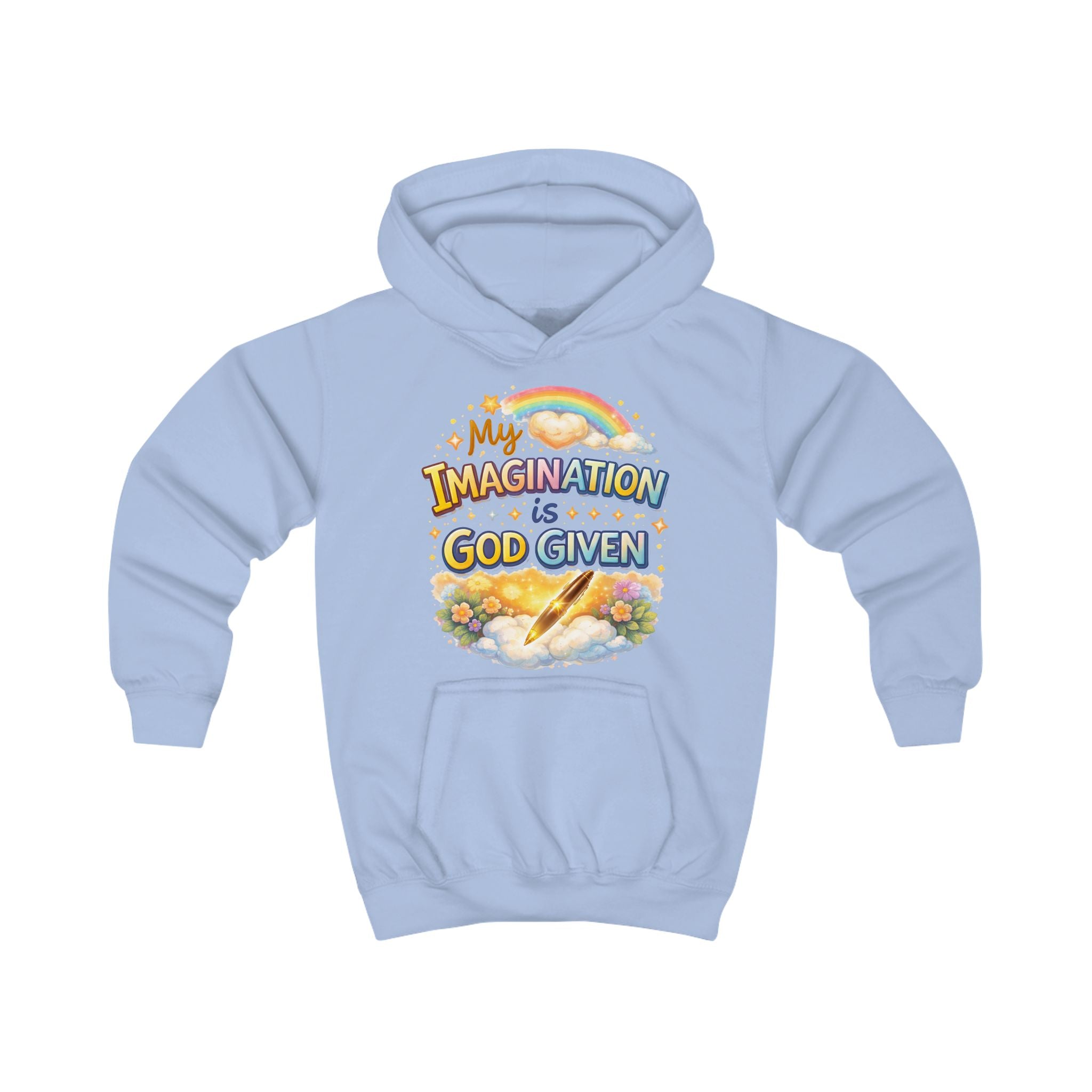 Kids Hoodie — "My Imagination Is God Given" Colorful Christian Rainbow Graphic