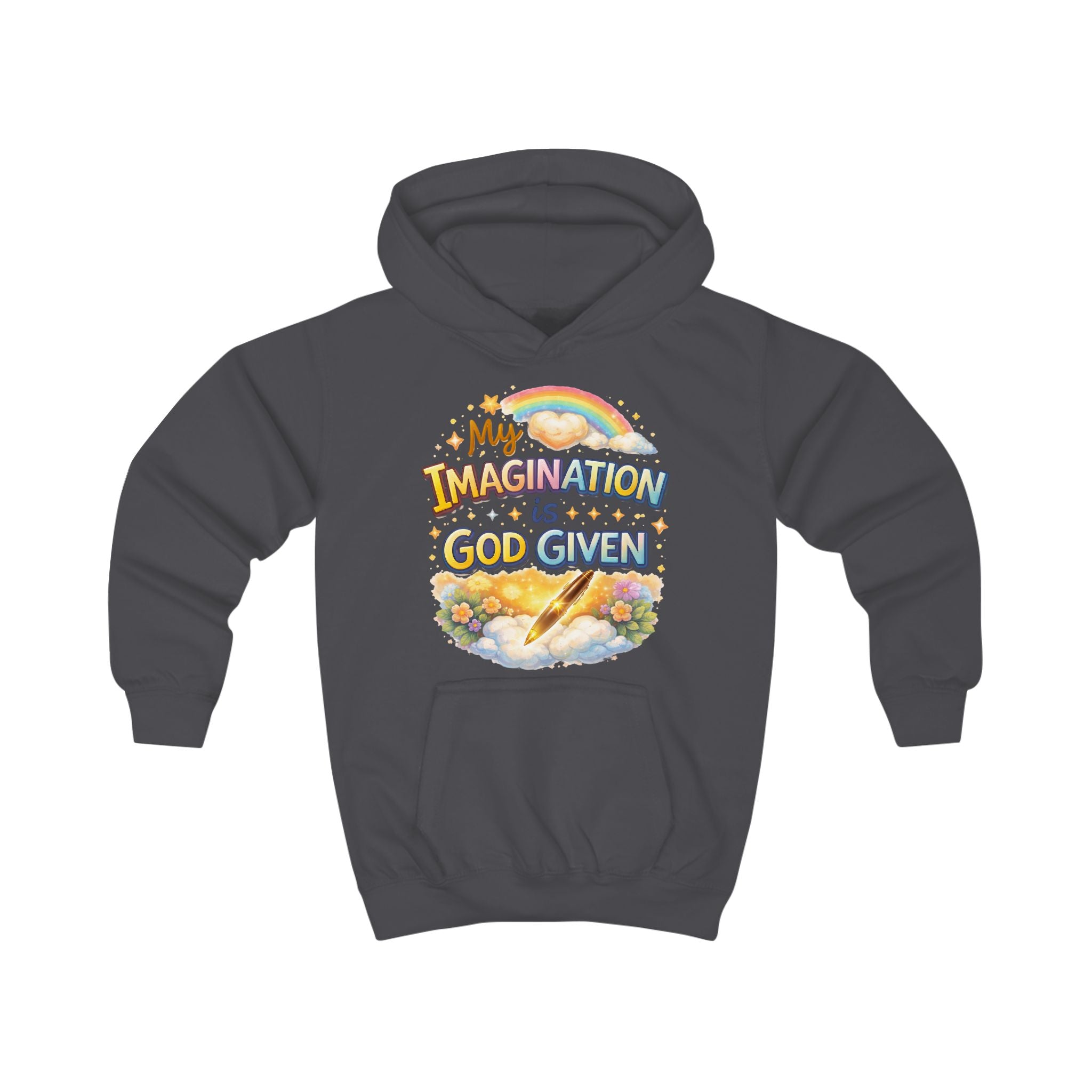 Kids Hoodie — "My Imagination Is God Given" Colorful Christian Rainbow Graphic