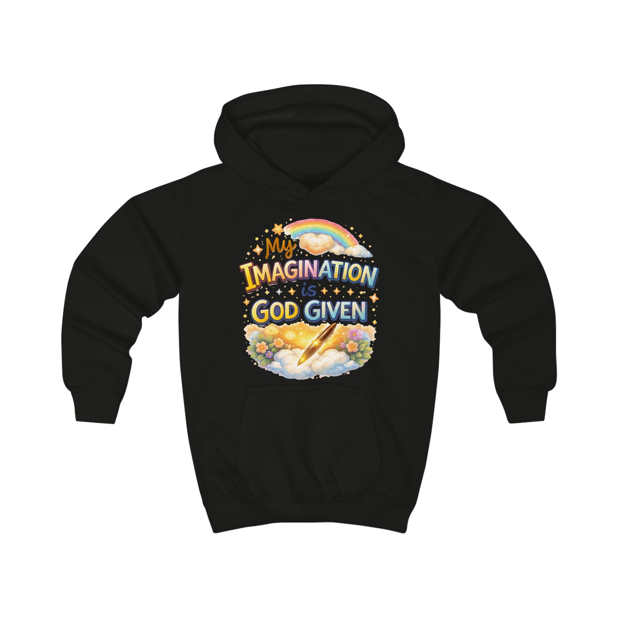 Kids Hoodie — "My Imagination Is God Given" Colorful Christian Rainbow Graphic
